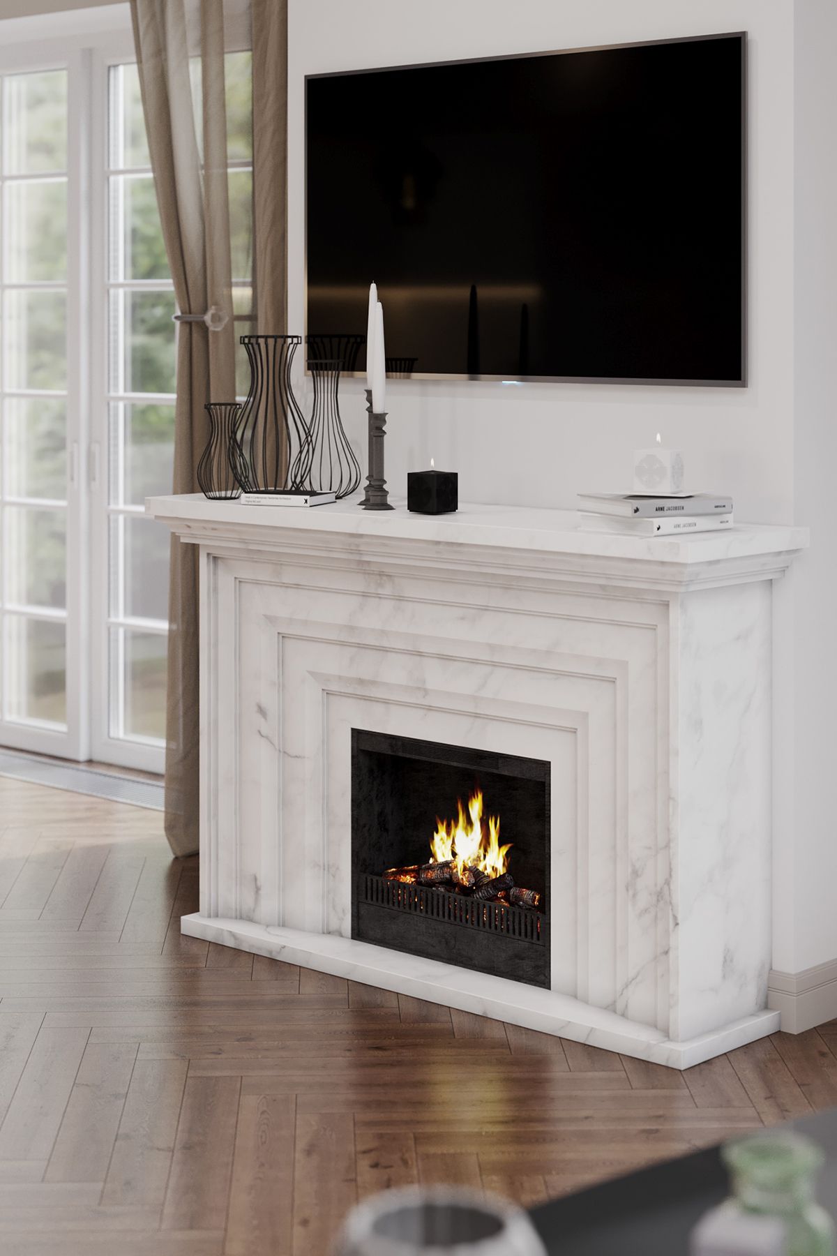 Дизайн классического камина из белого камня