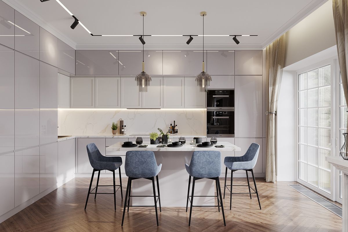 дизайн интерьера современной кухни с островом в загородном доме