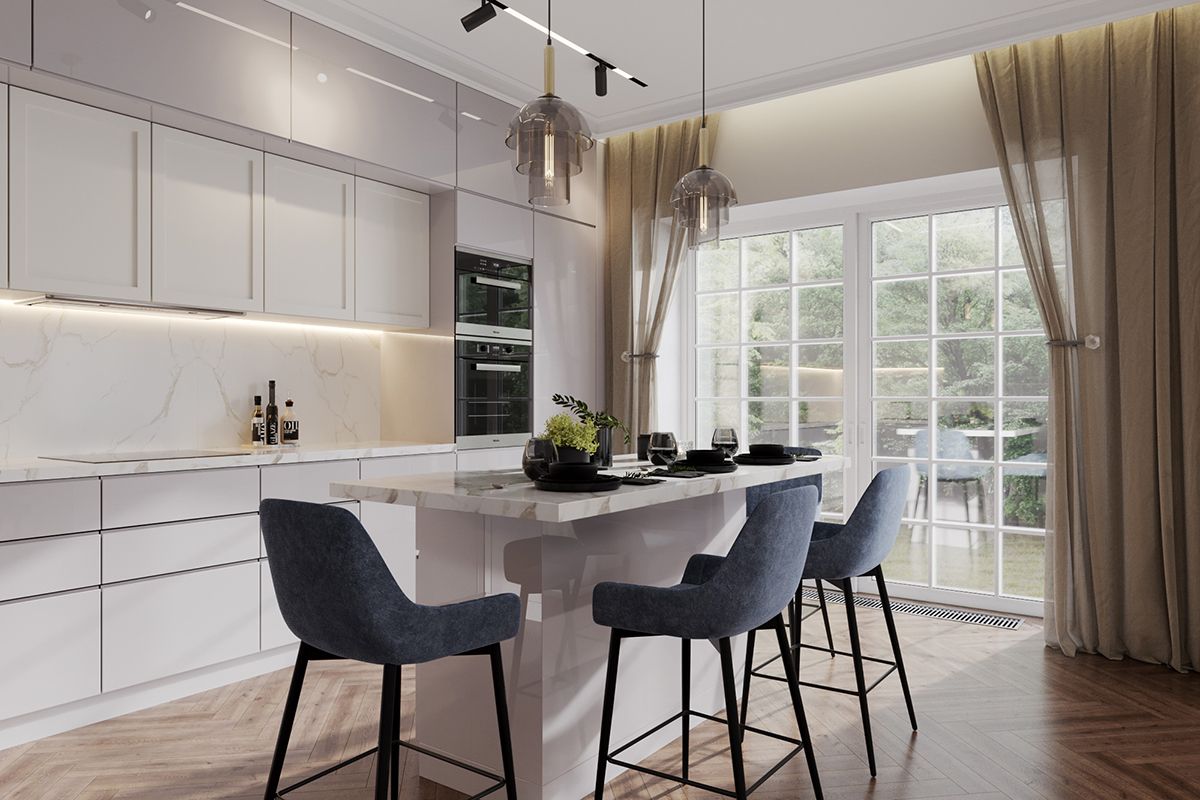 дизайн интерьера современной кухни в загородном доме