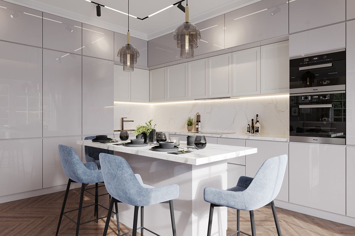 дизайн интерьера современной кухни с островом в загородном доме