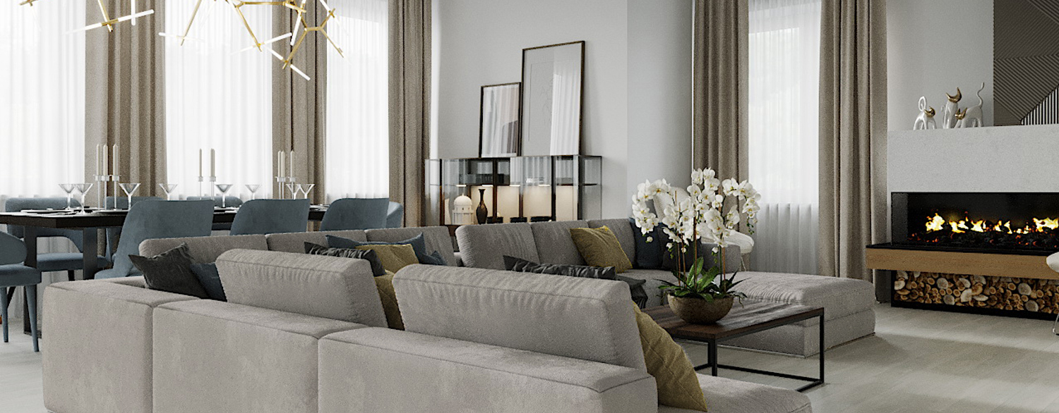 Современная гостиная с панорамными окнами и камином